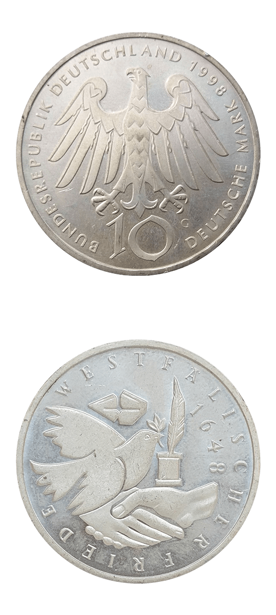 10 немецких марок, серебро 62,5%